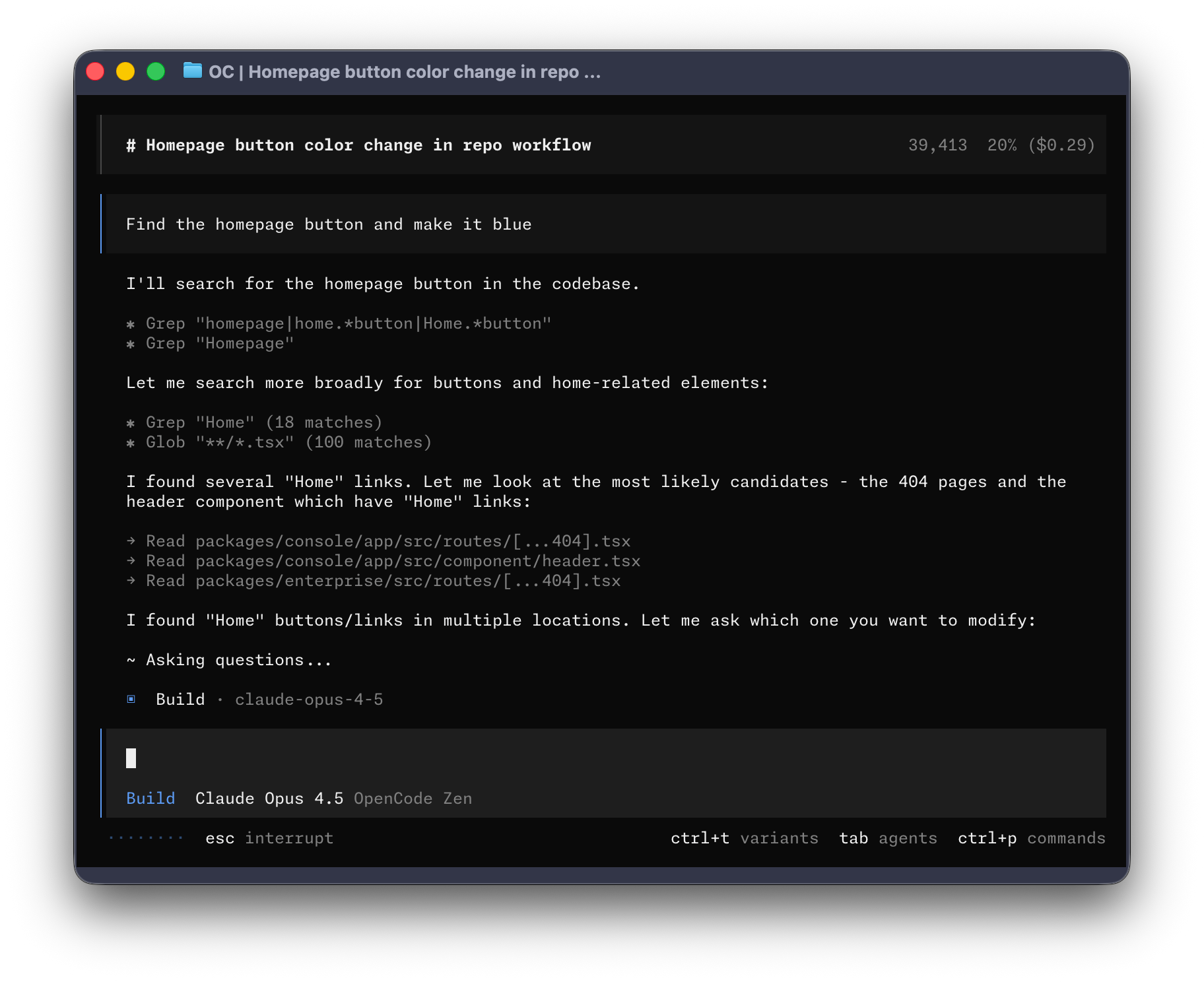 OpenCode TUI avec le thème opencode